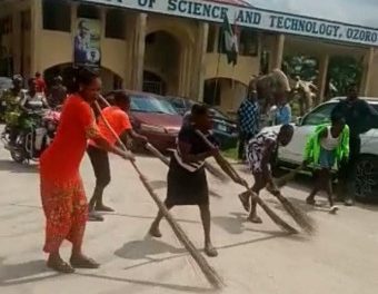 Delta poly students celebrate removal of their Rector by sweeping front gate